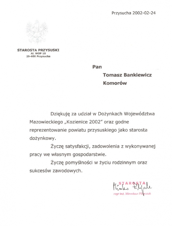 Podziękowanie za udział w dożynkach wojewódzkich 2002r