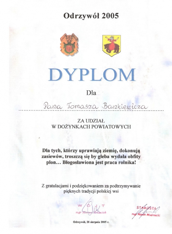 Dyplom Dożynki Odrzywół 2005r