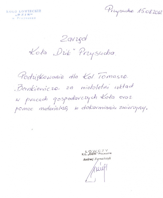 Podziękowanie od Koła Łowieckiego Dzik za pomoc w dokarmianiu zwierząt.