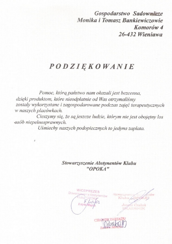 Podziękowanie od Stoważyszenia Abstynentów OPOKA