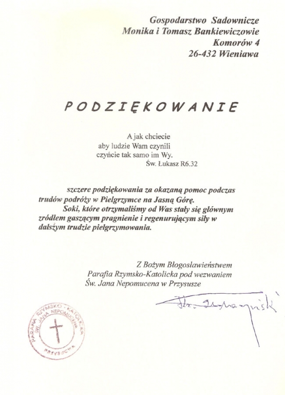 Podziękowanie za pomoc w pielgrzymce na Jasną Górę.